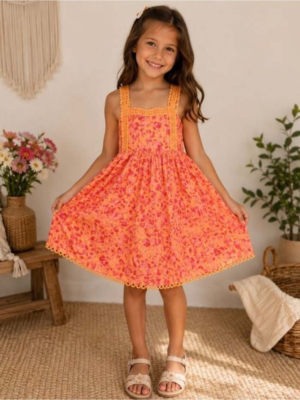 Joiie Orange Pink Patterned Kids A Line Dress  Sz 8